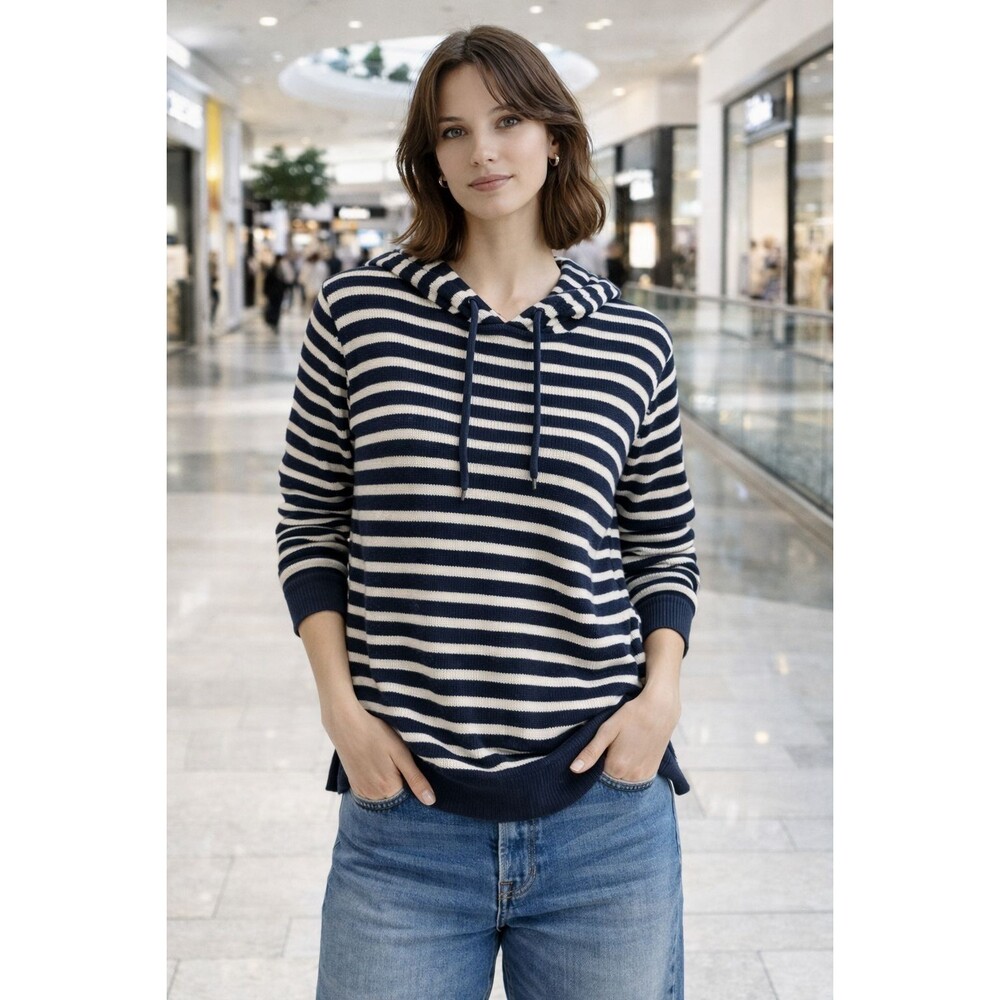 Binghamton Sweater Womens XL Navy White Striped Hooded Knit Pullover Lightweight